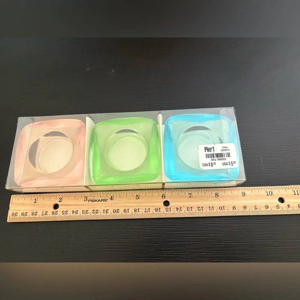 Pier 1 Imports Set of 3 glass Tea Light candle holders. Blue, pink and green NOS